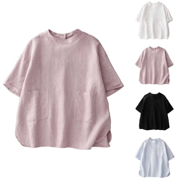 Sentmoon Athletic Tops for Women Short Sleeve Crew Neck Clothing Button Down Linen Regular Fit Breathable Women's T Shirts with Pockets Fashion Hawaii