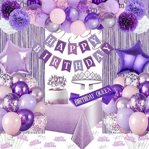 Purple Birthday Decorations, Purple Party Decorations, Pink and Purple Balloons Happy Birthday Banner Birthday Sash and Crown Tablecloth Fringe Curtain Paper Pom Poms for Kids Women Girls Bday Decor
