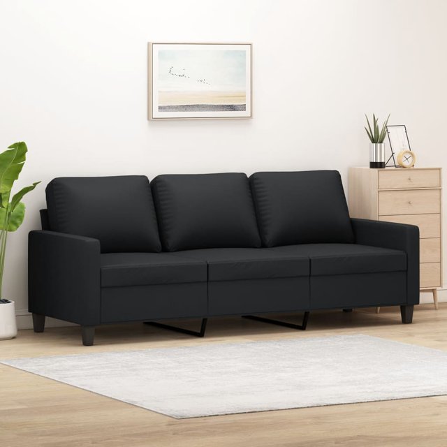 vidaXL Canapé 3 Places Noir 180 cm en Similicuir dans un Salon Contemporain. le Canapé a une Finition en Similicuir Noire durable, des Coussins Épais Rembourrés et un Cadre en Métal Robuste. Il Mesure 198 x 77 x 80 cm et Offre une Expérience d'Assise Confortable. la Pièce Comprend une table d'Appoint en Bois Clair, une Plante en Pot et une Oeuvre Encadrée sur le Mur.