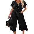 thumbnail image 1 of Women‘s Wide Leg Jumpsuits Buttons Front V Neck Rompers Summer Loose Fit Playsuit with Belt Pockets, 1 of 6