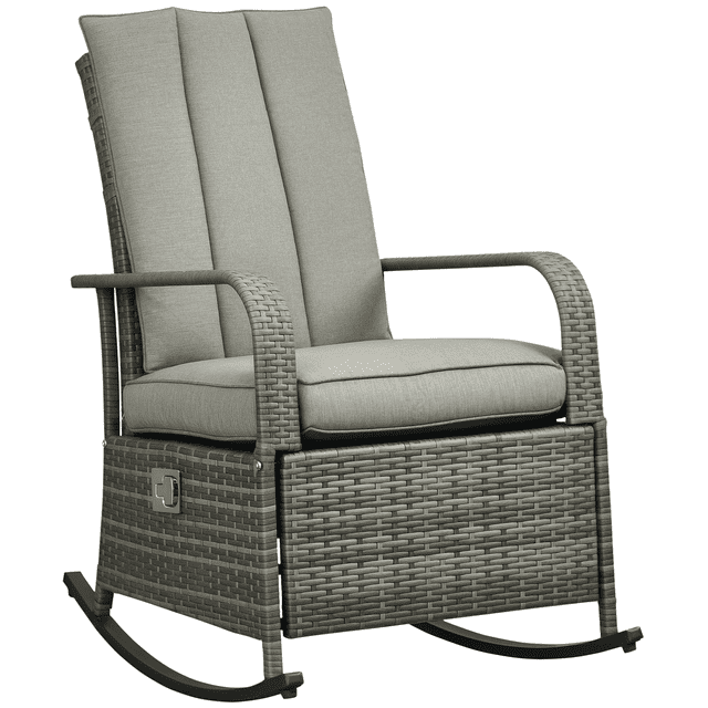 Outsunny Wicker Rocking Chair with Soft Cushion Adjustable Footrest Grey