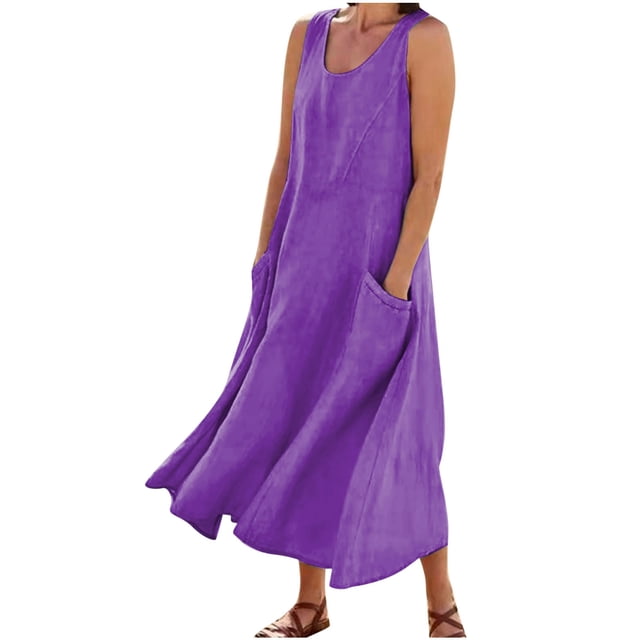 Staron Liquidation Robes d'Été pour Femmes 2025 Vacances Coton Lin Élégante Fluide Ample Confortable Longue Robe Décontractée Printemps Sans Manches Grande Taille Robes de Vacances avec Poches en Violet, Taille TTG. Cette Robe maxi Sans Manches Présente un design Col Rond, Matériau Coton-Lin Respirant, silhouette Fluide Pleine Longueur, et Poches Latérales Pratiques, Parfaite pour un Style Décontracté, les Vacances Ou le Printemps.