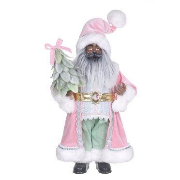 HOLIDAY TIME 16 IN Dark Skin Tone Pink Robe Santa Figurine, 60% Polyester 40% PP Santa Statue Holding Mini Christmas Tree Tabletop Decor