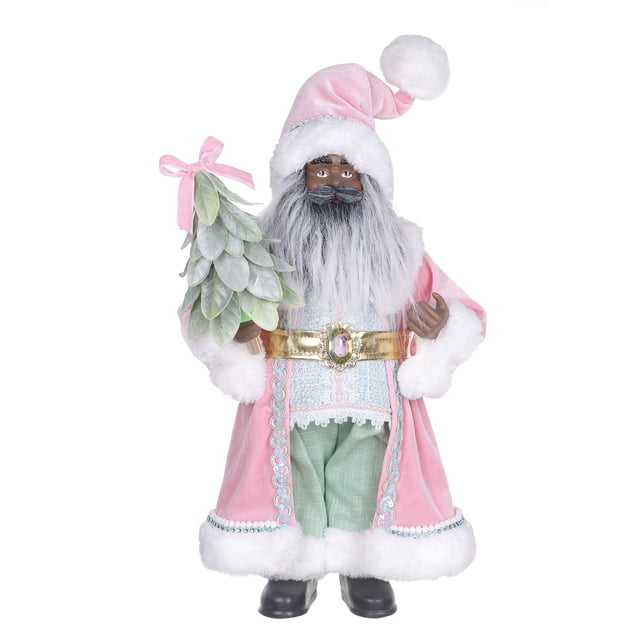 HOLIDAY TIME 16 IN Dark Skin Tone Pink Robe Santa Figurine, 60% Polyester 40% PP Santa Statue Holding Mini Christmas Tree Tabletop Decor
