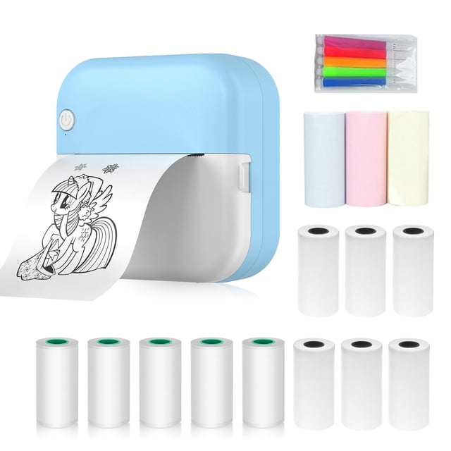 Yeacher M3 Imprimante Thermique mini portable 57 mm Bleue avec Résolution de 200 Dpi, Connectivité Bluetooth et USB, et Batterie rechargeable de 800 mAh. Comprend six Rouleaux Thermiques Blancs, Cinq Rouleaux Adhésifs, Trois Rouleaux de Couleur et Cinq Marqueurs. design Compact avec une Largeur d'Impression de 57 mm et un Diamètre de Rouleau de 30 mm, Idéal pour les Fournitures de Bureau, l'Impression de photos, d'Étiquettes, de messages et de codes QR.