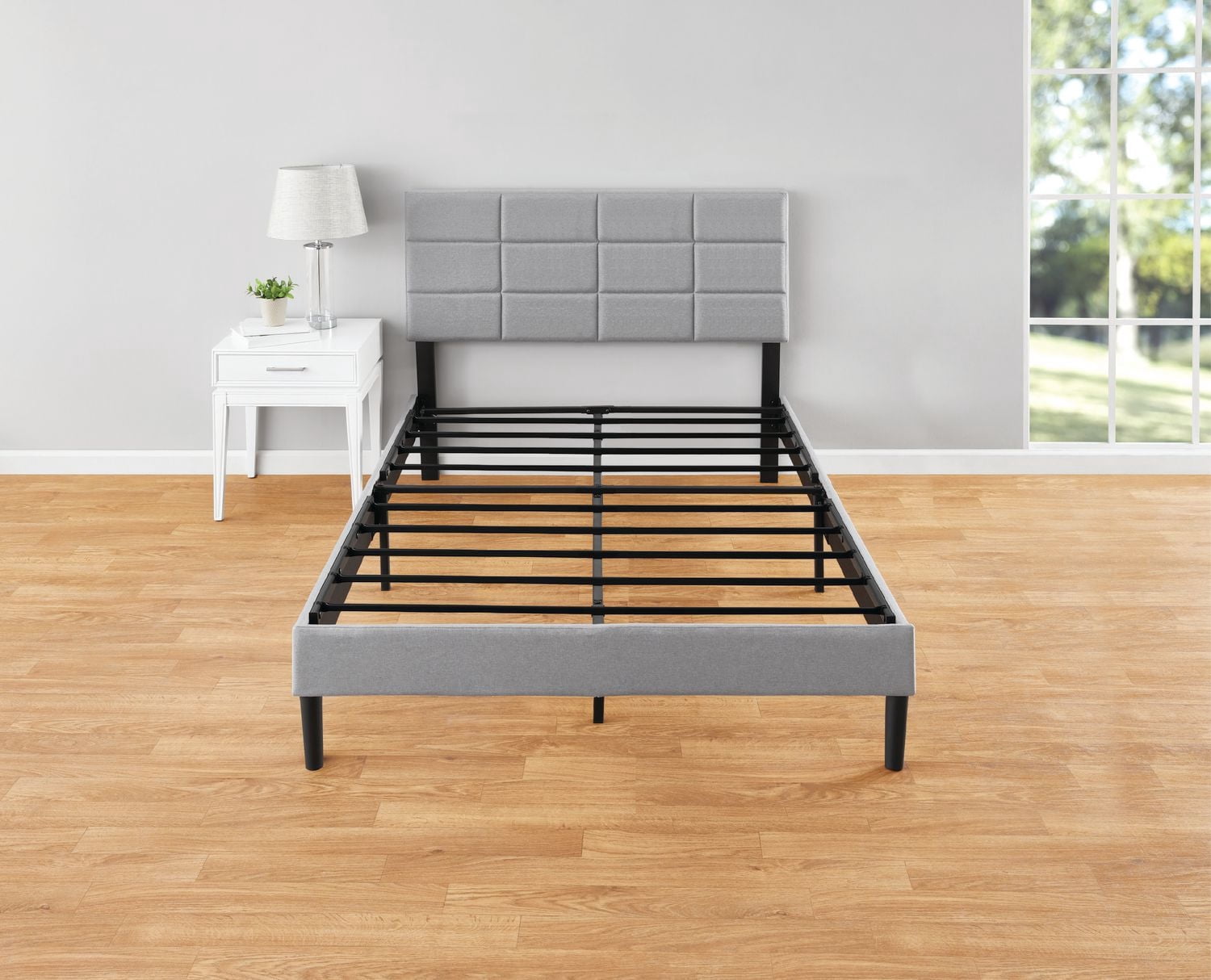 Mainstays Upholstered Full Platform Bed Frame with Square Stitch Height Adjustable Headboard, Grey
