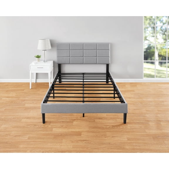 Mainstays Upholstered Twin Platform Bed Frame with Square Stitch Height Adjustable Headboard, Grey
