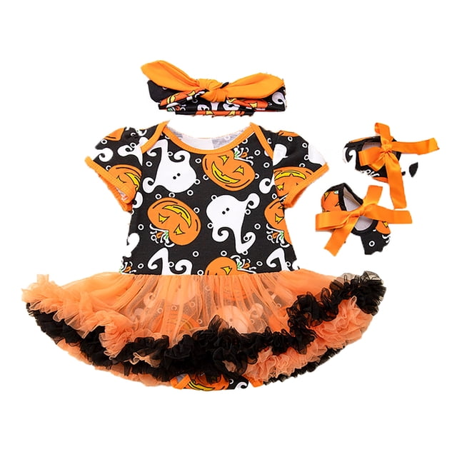 WEIYLL Ensembles de Tenues Décontractées pour Filles Tout-Petits Chaussures de Citrouille Dessin Animé Trois Pièces Robe de Fête H Rentrée des Classes Tenues d'Automne Taille 3-6 Mois