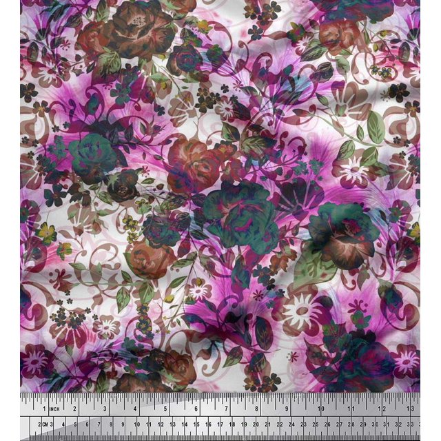 Soimoi Tissu en Velours Feuilles et Imprimés de Fleurs de Roses au Mètre 58 Pouces de Large