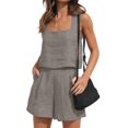 thumbnail image 3 of Womens 2 Piece Outfits Linen Square Neck Crop Tops Short Set 2023 Lounge Matching Sets Trendy Clothes Beach Summer, 3 of 8