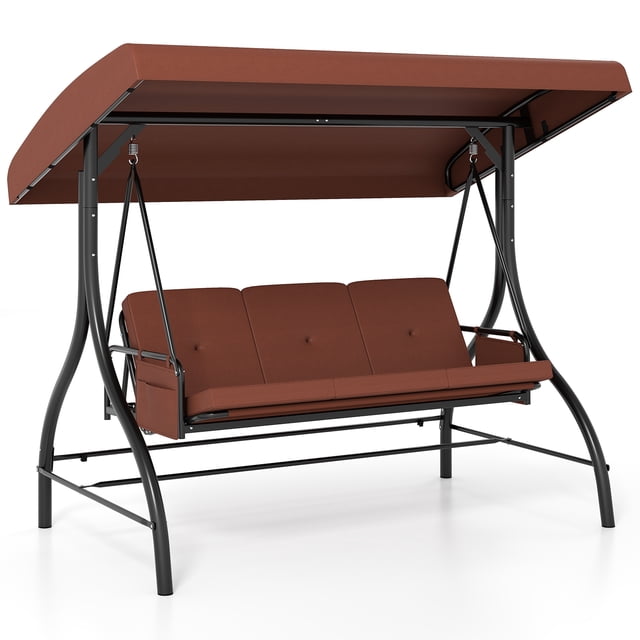 Gymax 3-Seat Patio Swing with Canopy, removable cushions, and side pockets in brown. Features a convertible design for use as a swing chair or glider bed, a 100-degree adjustable canopy for sunshade, and a sturdy A-shaped metal frame supporting up to 1000 lbs. Includes three soft cushions and side pockets for added convenience. Dimensions: 48'' x 80'' x 68.5'' (L x W x H).
