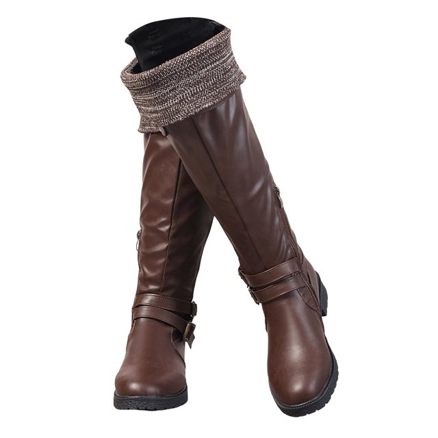 Dakaela Women's Knee High Boots Comfort Buckle Riding Combat Boot Round Toe Long Tall Fall Winter Shoes