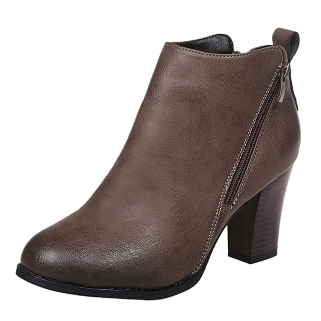 Bottines et Bottes Rétro pour Femmes en Cuir, Talon Carré, Fermeture Éclair, Couleur Unie, Bottes Hautes pour Femmes, Bottines Courtes, Bout Rond, Talon Épais, Bottes à Plateforme pour Femmes, Chaussures