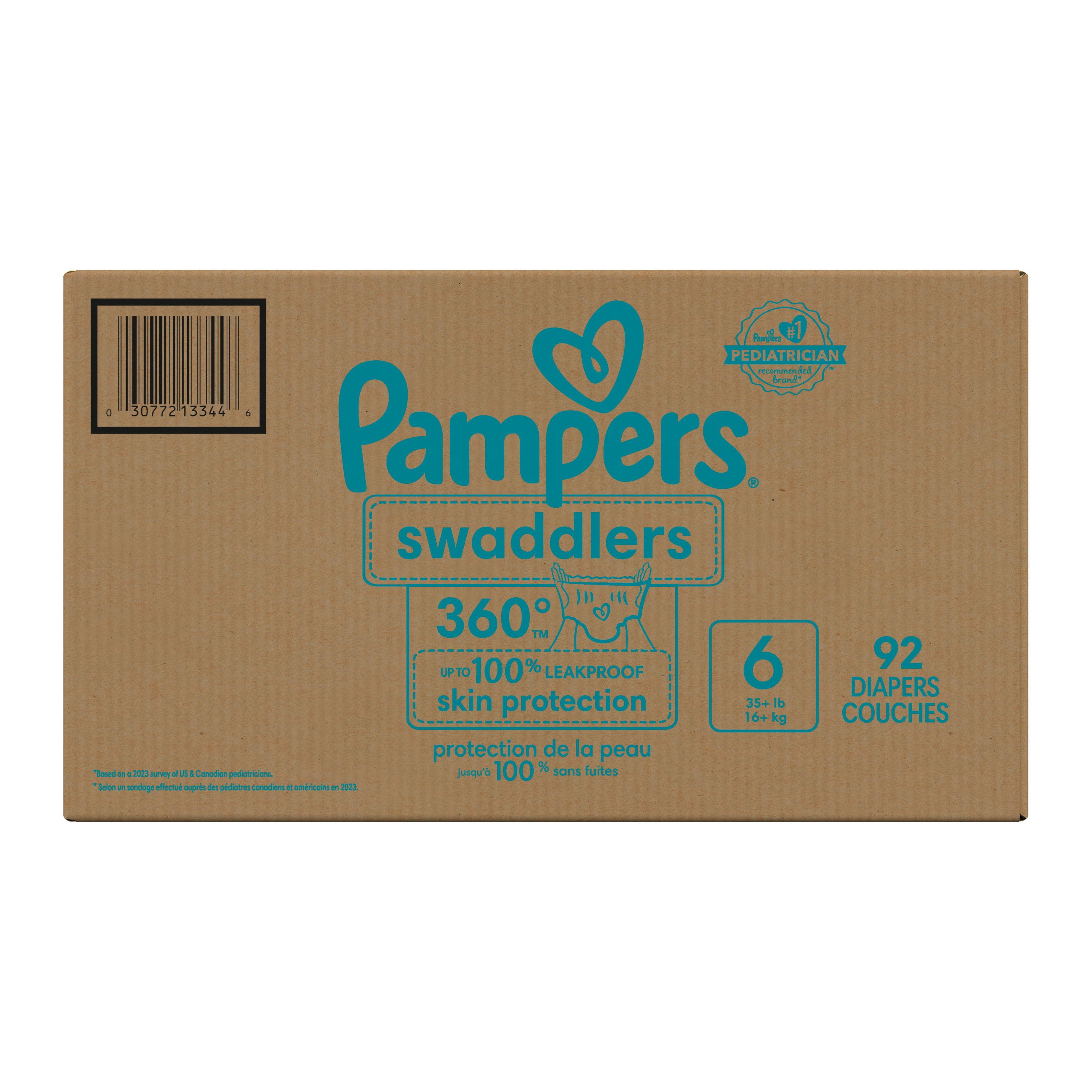 Pampers Couches - Swaddlers 360° - Taille 6, jusqu'à 100 % Anti-Fuites, Ajustement Confortable et au Sec, Attaches EZ Off Conçues pour des Changements Faciles, Couche à Enfiler