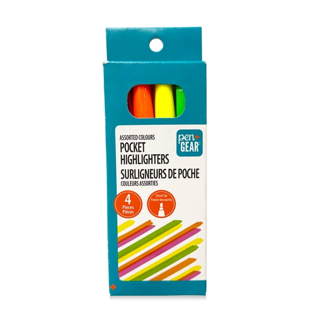 Pen+Gear Pocket Highlighters, Chisel Tip, Assorted Colors, 4 Count