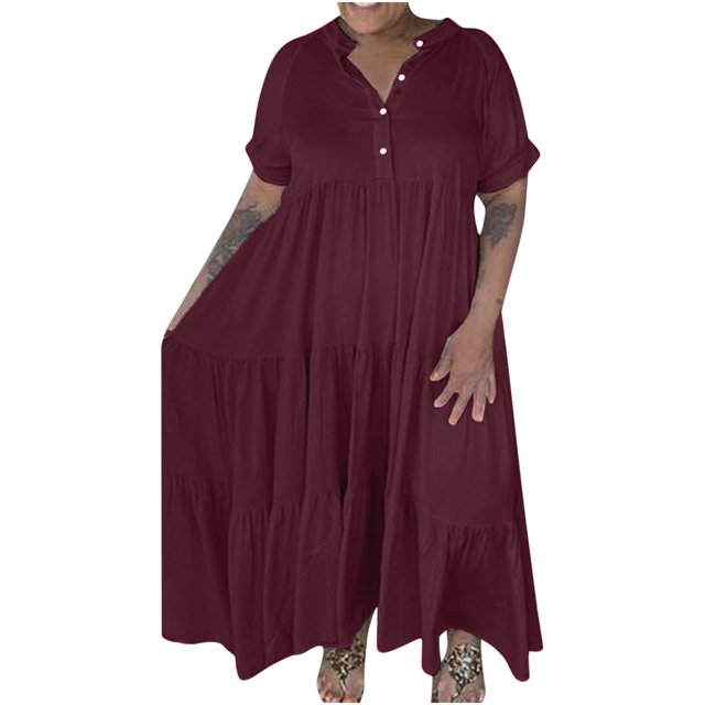 Robes Maxi pour Femmes 2023 Décontracté Décontracté Robe à Col Rond Manches Courtes Col Rabattu Femmes Uni Robe pour Femme Longues Robes Robe à Manches Courtes en Liquidation