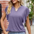 thumbnail image 4 of Birdeem Womens Spring and Summer Flounce V-Neck Solid Color Bottom T-Shirt Hollow Top, 4 of 8