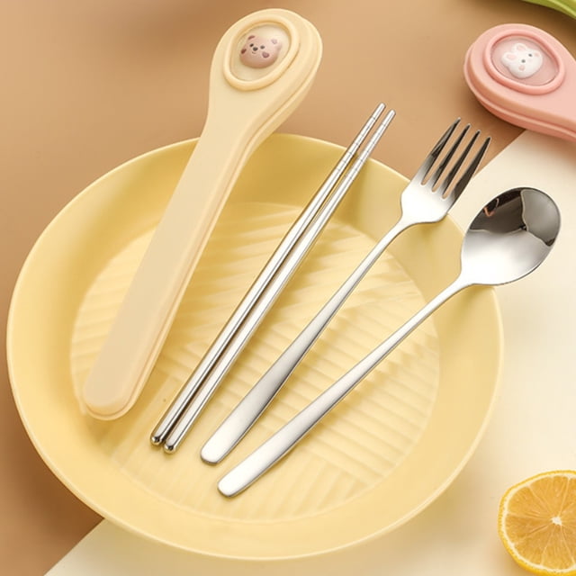 Dvkptbk Portable Cutlery Boxs with Cutlery Cute Stainless Steel Cutlery Chopsticks Spoon Fork Set Student Portable Cutlery Case Stainless Steel Cutlery Set Kitchen & Dining