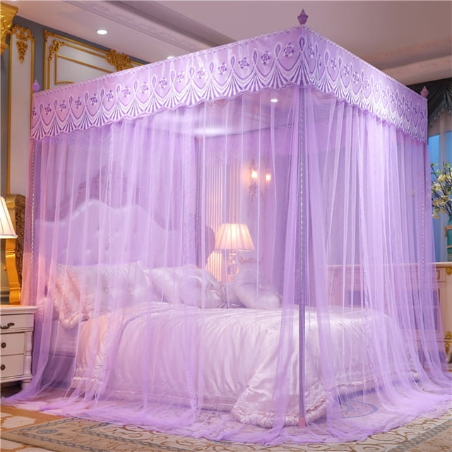 Princess Style Bed Canopy, Usavan Elegant Lace Ruffled Mosquito Net, Three Door Floor Length Polyester Bed Curtain for Bedroom Decoration