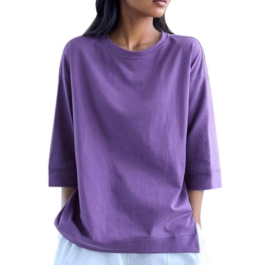 Timegard 3/4 Sleeve Tops for Women Round Neck Solid Color Comfy Tee Shirts Fall Casual Loose Tops