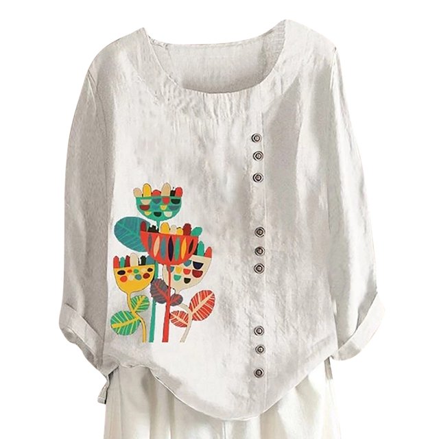 Pompotops Mode Femmes Décontracté Bouton Imprimé Floral Manches Courtes T-Shirt Blouse Hauts Liquidation