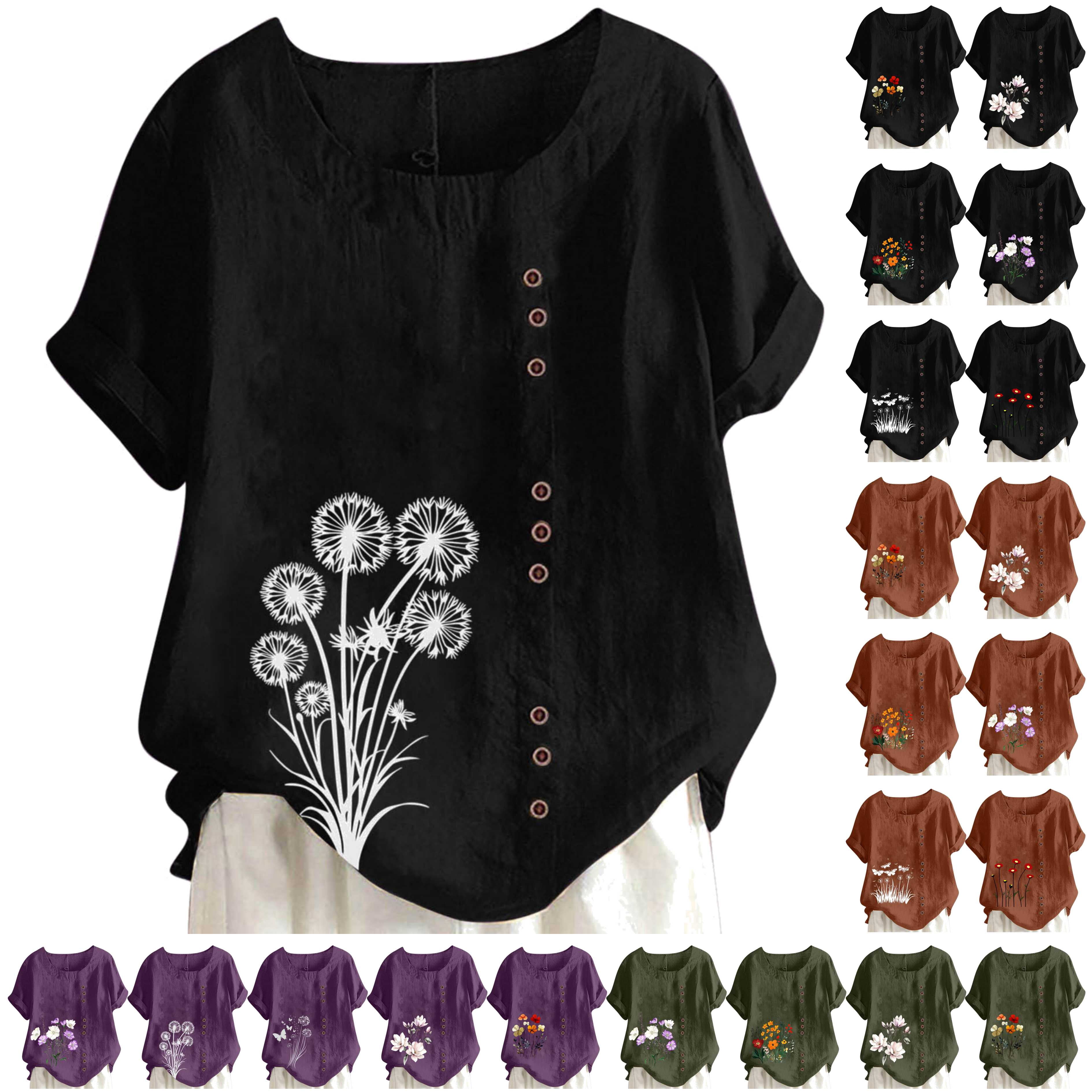 QATAINLAV Hauts d'Été pour Femmes Décontractés en Coton et Lin T-Shirts à Manches Courtes Col Rond Chemise T-Shirts Graphiques Floraux Surdimensionnés Tenues de Vacances à la Plage Soldes en Dollars Blanc TTG