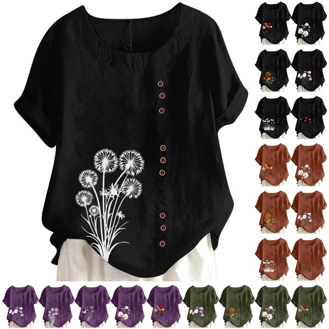 QATAINLAV Hauts en Lin Grande Taille pour Femmes 2025 Été T-Shirts à Manches Courtes Mode Boho Blouses à Imprimé Floral Décontractées Col Rond T-Shirts Ventes Quotidiennes du Jour Violet XXXXXL