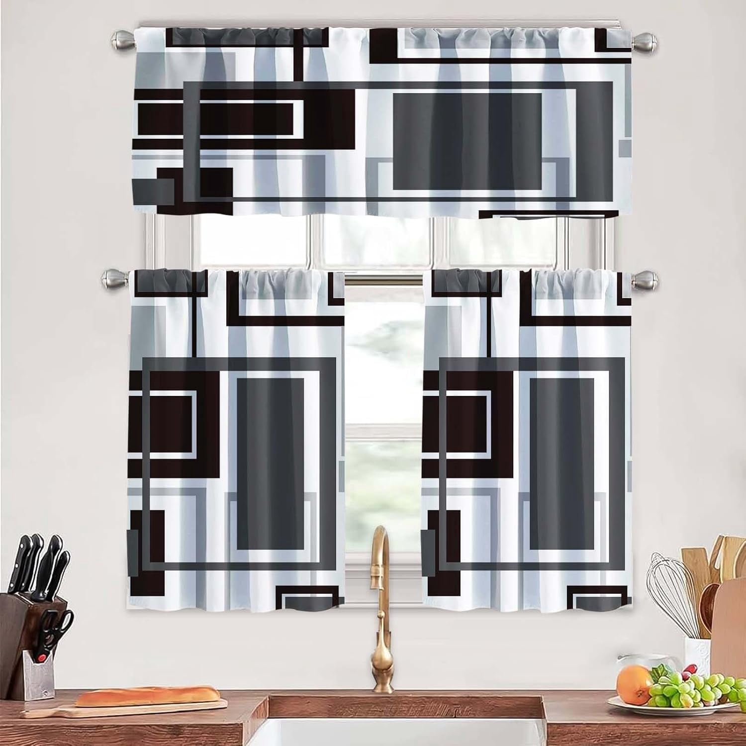 Dark Grey Kitchen Curtains Tiers and Valances Set 3 Piece for Windows Grey and Black Kitchen Window Curtains Set,Geometric Modern Art Valances for Living Room(36" Tiers Set)