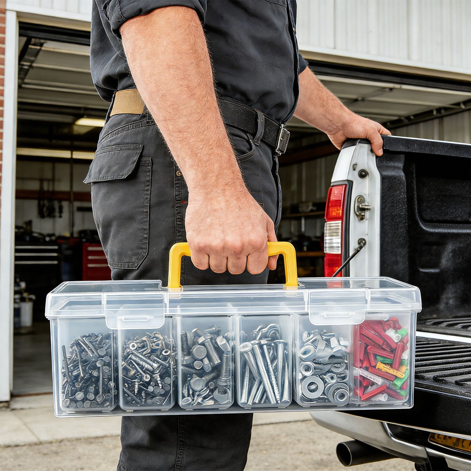 RRJ Tool Organizer Box, 7 Piece Clear Plastic Storage Container With Handle, Interlocking Hardware Organizer For Nuts Bolts Screws Wrenches, Portable Parts Case For Garage Workshop Toolbox