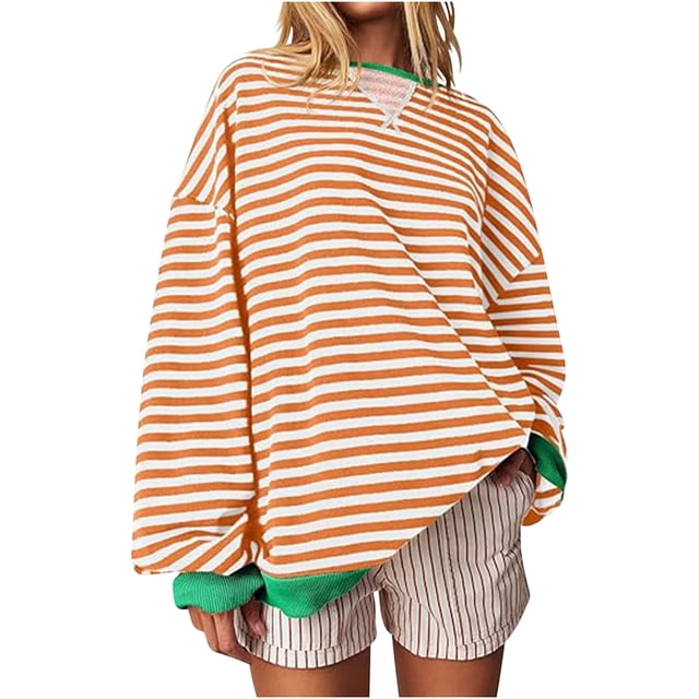 Meichang Chandail Surdimensionné à Blocs de Couleur à Rayures pour Femmes, Épaules Tombantes, Manches Longues, Col Rond, Chandails à Enfiler, Décontracté, Coupe Ample, Chandail Surdimensionné pour Femmes, Jaune, P