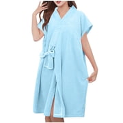 Bathrobe for Women Thickened Short Sleeve Fleece Plaid Robes