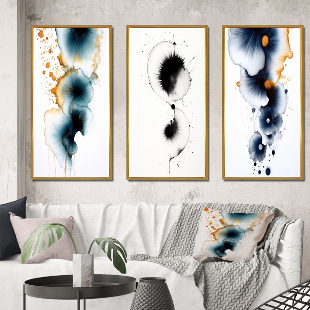 Designart « Heartbeat Rhapsody Turquoise and Gold Ink Cloud II » Peinture Abstraite Ensemble d'Art Mural Encadré de 3 - Ensemble de Toiles à Cadre Moderne Turquoise pour Déco de Salon