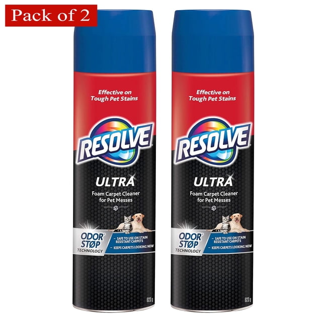 Resolve Nettoyant pour Tapis en Mousse Ultra 623 g (Lot de 2), Conçu pour les Dégâts d'Animaux, Doté d'Une Technologie Anti-Odeurs pour Éliminer les Odeurs et les Taches d'Animaux. Le Produit Allègue Enlever 3x Plus de Poils d'Animaux et de Saleté Que l'Aspiration Seule et Décourage le resoiling des Animaux. Deux Boîtes Sont Présentées avec des Emballages Rouges, Bleus et Noirs, Mettant en Valeur Son Efficacité sur les Taches d'Animaux Tenaces.
