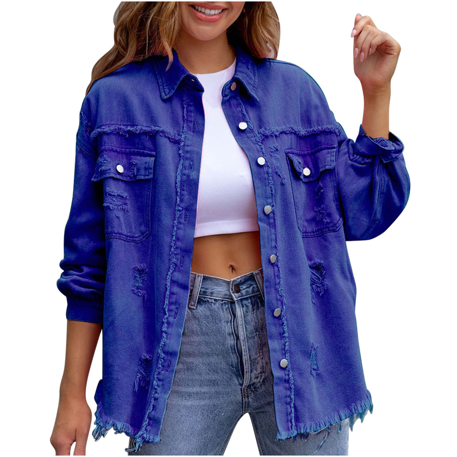 Birdeem Veste en Denim Décontractée pour Femmes à Manches Longues, Ample, à Boutons, avec Franges et Trous