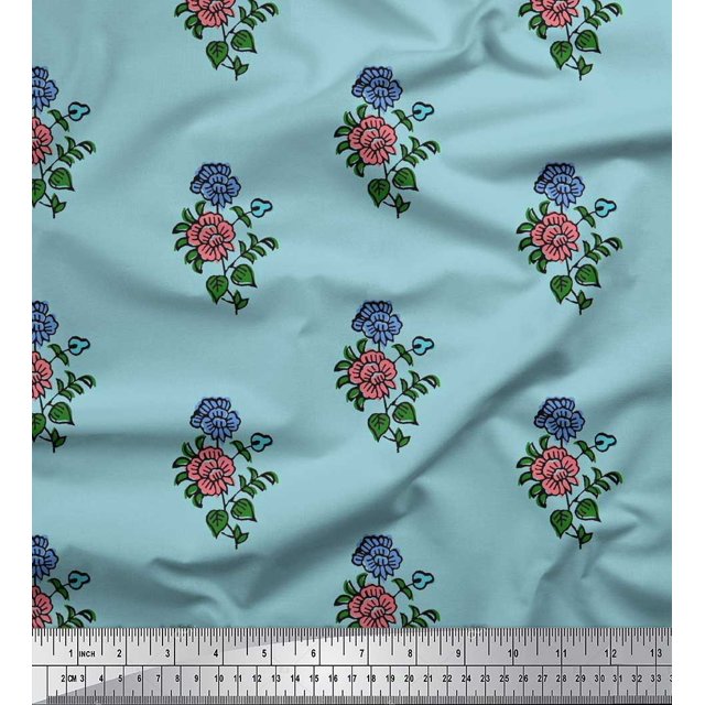 Soimoi Polyester Crepe Fabric Leaves & Floral Block Print Sewing Fabric Yard 52 Inch Wide