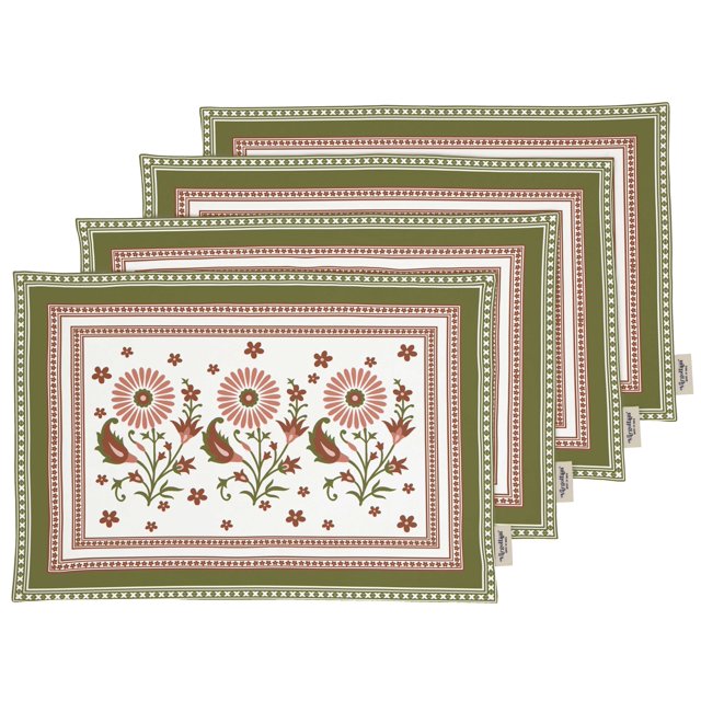 Vargottam Placemats- Placemat For Dining Table, Set Of 4- Printed & Reversible CottonNapkin-IndoorPlacematsFor Home & Kitchen Dining Table- Asian Block (White & Green)