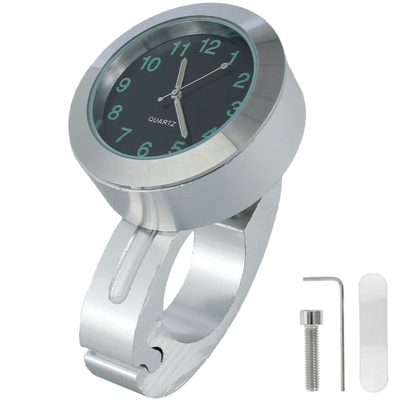 Horloge de Guidon de Moto Imperméable à l'Eau Support de Guidon Horloge Antichoc Lueur Guidon Horloge pour Cruiser 7/8-1" Guidon Argent