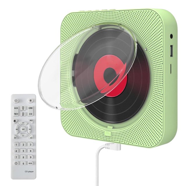 MEGICOT Bluetooth Portable 2600mAh Rechargeable CD Player with built-in HiFi speakers, shown in a green square design with a transparent dust cover and remote control. Features wall-mountable capability, FM radio, USB flash, micro SD, AUX play support, and a rechargeable battery.
