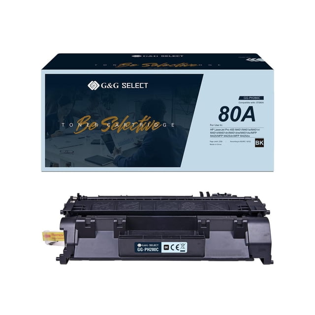 G&G Select HP CF280A New Compatible Black Toner Cartridge with black plastic body and GG-PH280C label, shown below its blue and black box packaging marked 80A, compatible with HP LaserJet Pro printers, providing up to 2700 pages standard yield and made with environmentally compliant components.