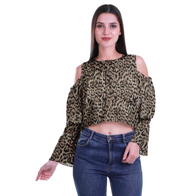 Moomaya Printed Casual Long Sleeve Tops Women Cold Shoulder Ruffle Sleeves Top