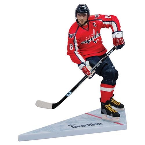NHL 12 Inch Alex Ovechkin polyresin figurine wearing a red Washington Capitals jersey with number 8 and captain's C, black hockey pants, red and white socks, black skates with yellow laces, holding a black hockey stick on a white triangular display base labeled Alex Ovechkin, suitable for sports figure collectors.