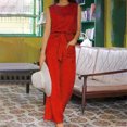 thumbnail image 3 of Ensembles d'Été pour Femmes Ensemble de Pantalon à Jambe Grand Ensemble de Vêtements Femme Col Rond Manches Courtes Hauts Ensembles de Pantalons Style Pantalon Décontracté S_978 Survêtements pour Femmes Rouge TG, 3 of 6