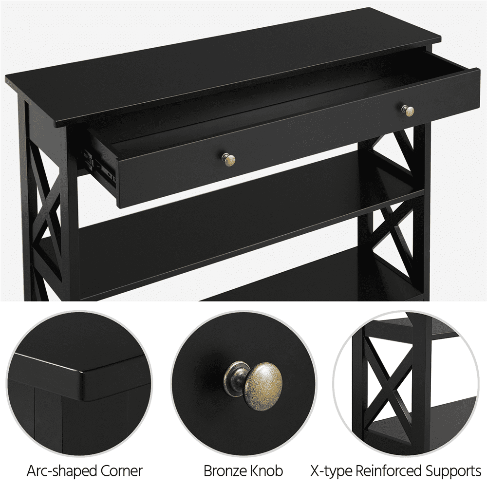 FullFurnique Wooden Console Table with 1 Drawer and 2 Open Shelves, Black