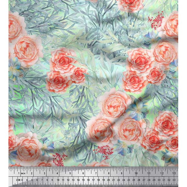 Soimoi Toile de Velours Vert Feuilles & Fleurs Roses Imprimés par Yard 58 Pouces de Large