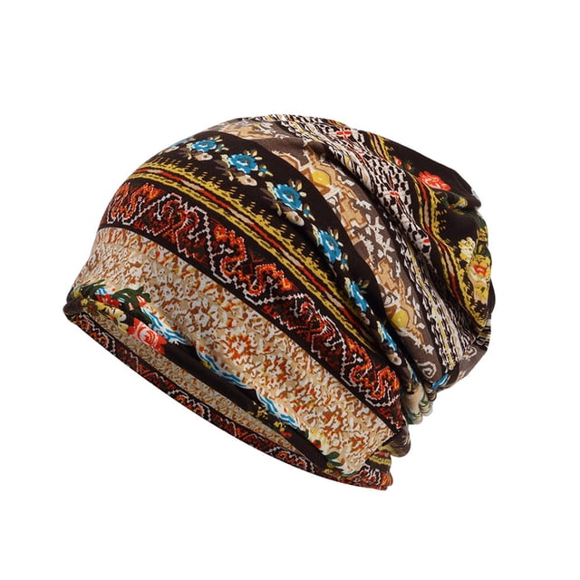 Maytalsory Bonnet Ethnique Style Hijab Floral Imprimé Coloré Turban Réglable Oreille Protection Accessoires de Style Bonnet Café Floral 1Set