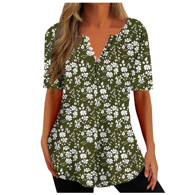 Penkiiy Blouse Décontractée d'Été à Col en V Imprimée pour Femmes, Manches Courtes, Boutons, Vert Armée