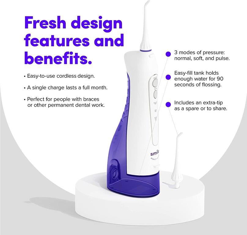 SmileDirectClub Premium Edition Water Flosser - XL Water Reservoir with 2 Nozzles, Waterproof and Cordless Design, 3 Pressure Modes - Removes 99% of Plaque