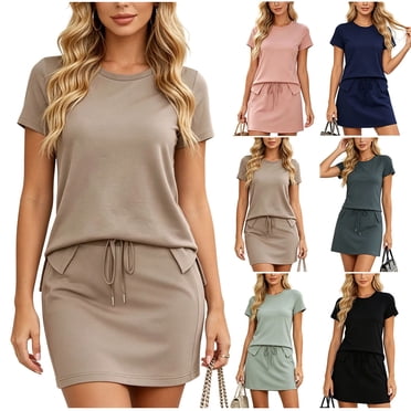 Jovati Sleepwear Sets for Women, Short Sleeve Crew Neck Top with Side Split and Drawstring Waist Mini Skirt, Polyester Cotton Blend, Classic Fit, Loungewear