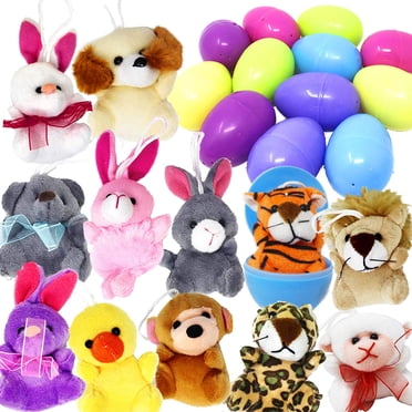 JOYIN 12 Pcs Prefilled Easter Eggs of Mini Stuffed Animal Plush Toys Easter Basket Stuffer for Kids Easter Egg Hunt Filler Stuffer