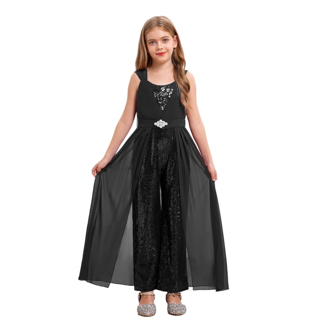 TiaoBug Combinaison à Sequins pour Filles Combinaisons Sans Manches Robe Maxi en Chiffon Combinaisons pour 7-14 Ans Noir 10
